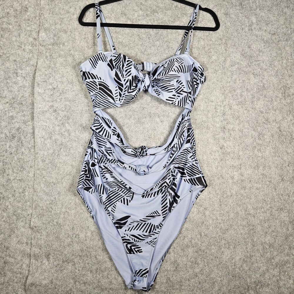 Aerie Blue Black Ribbed Multi Knot‎ One Piece Cheeky Swimsuit Beach Summer Sz XL